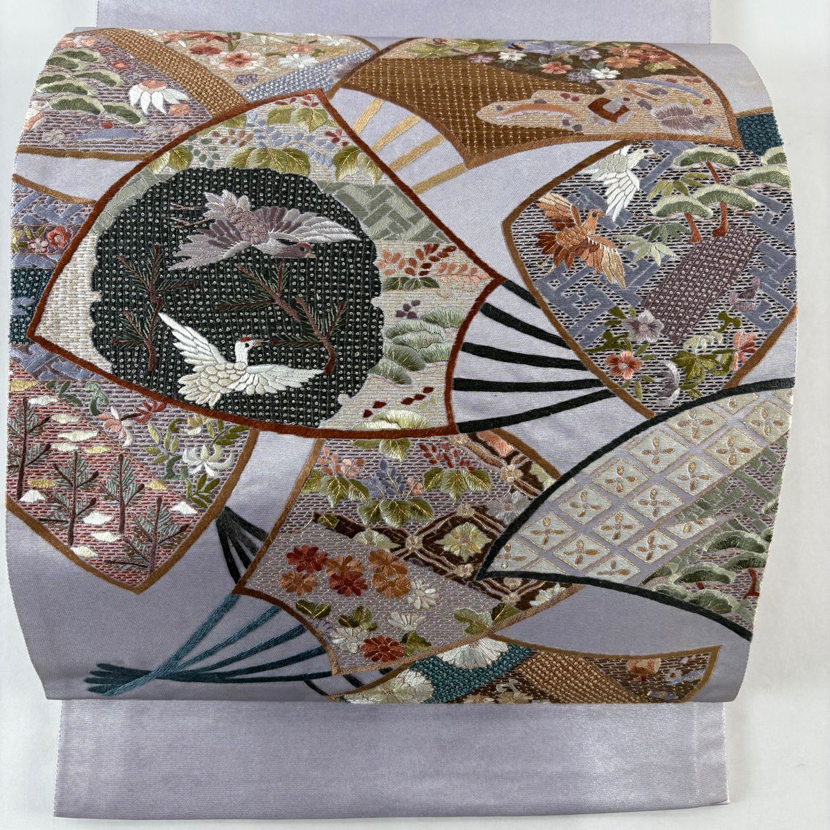 袋帶 名品級 扇子花鳥 刺繡 金絲 淺紫 お太鼓圖案 純蠶絲
