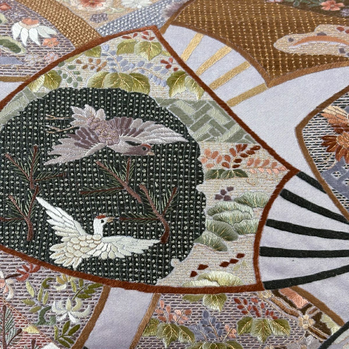 袋帶 名品級 扇子花鳥 刺繡 金絲 淺紫 お太鼓圖案 純蠶絲