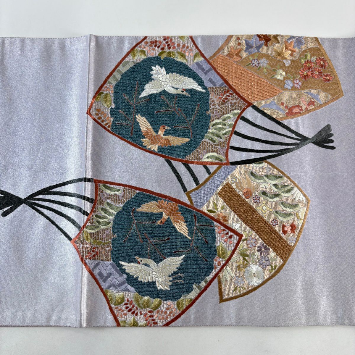 袋帶 名品級 扇子花鳥 刺繡 金絲 淺紫 お太鼓圖案 純蠶絲
