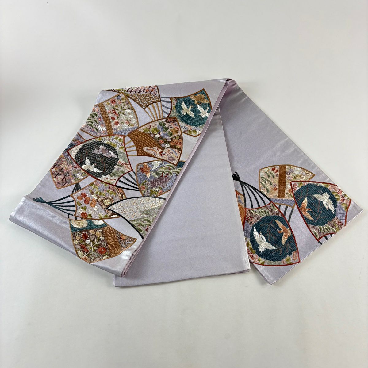 袋帶 名品級 扇子花鳥 刺繡 金絲 淺紫 お太鼓圖案 純蠶絲