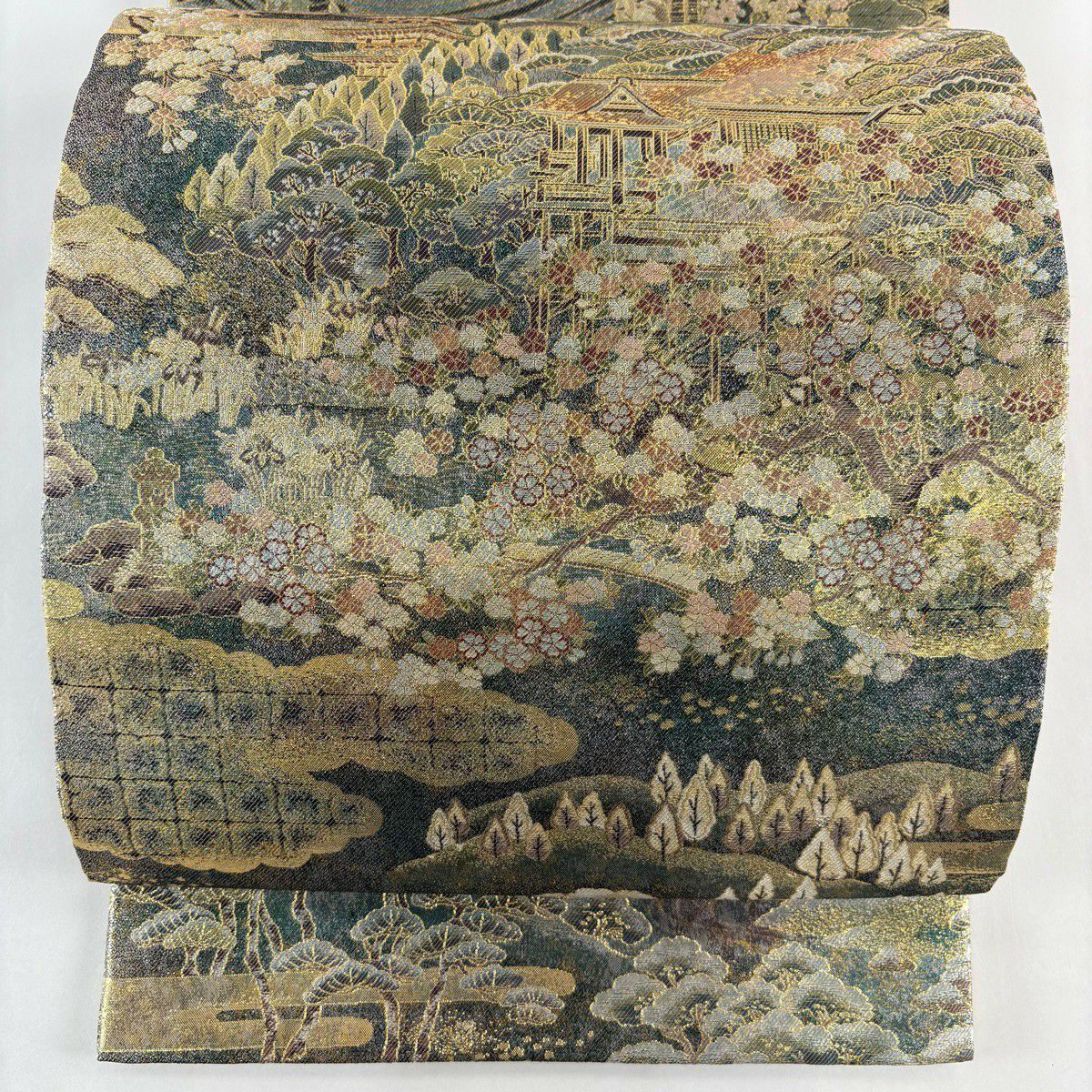 【美品】 袋帶 名品級 建築 櫻花樹 金金箔 金絲 深綠 全通 純蠶絲