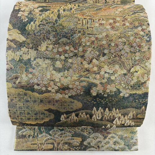 【美品】 袋帶 名品級 建築 櫻花樹 金金箔 金絲 深綠 全通 純蠶絲