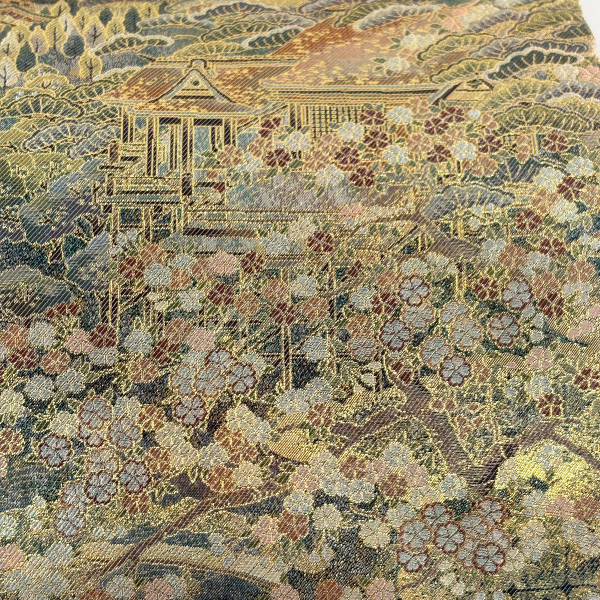 【美品】 袋帶 名品級 建築 櫻花樹 金金箔 金絲 深綠 全通 純蠶絲
