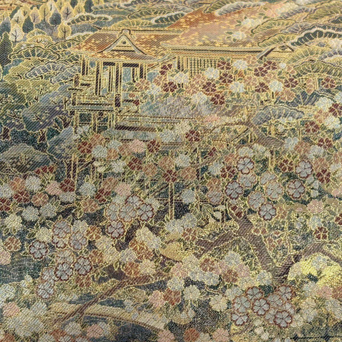 【美品】 袋帶 名品級 建築 櫻花樹 金金箔 金絲 深綠 全通 純蠶絲