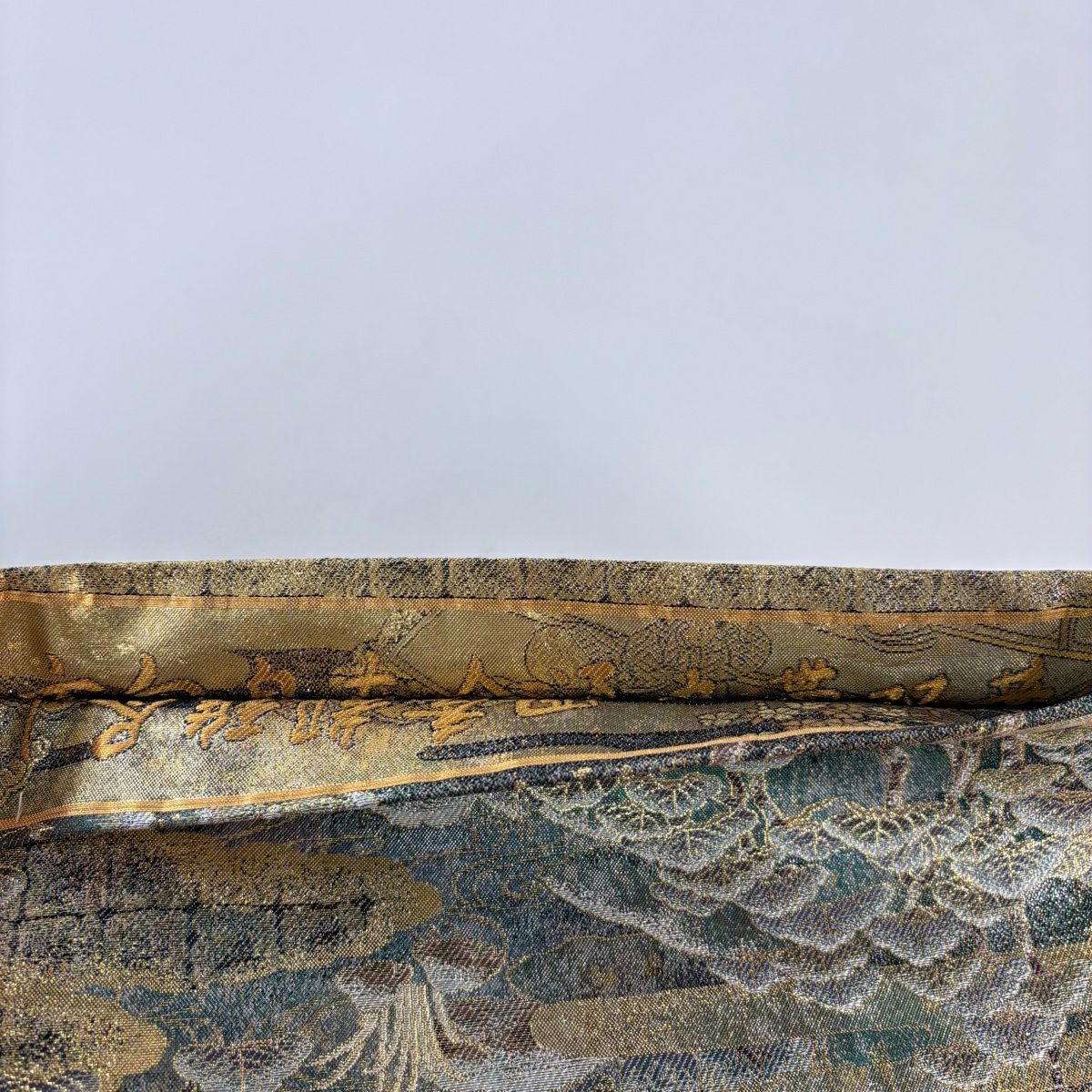 【美品】 袋帶 名品級 建築 櫻花樹 金金箔 金絲 深綠 全通 純蠶絲
