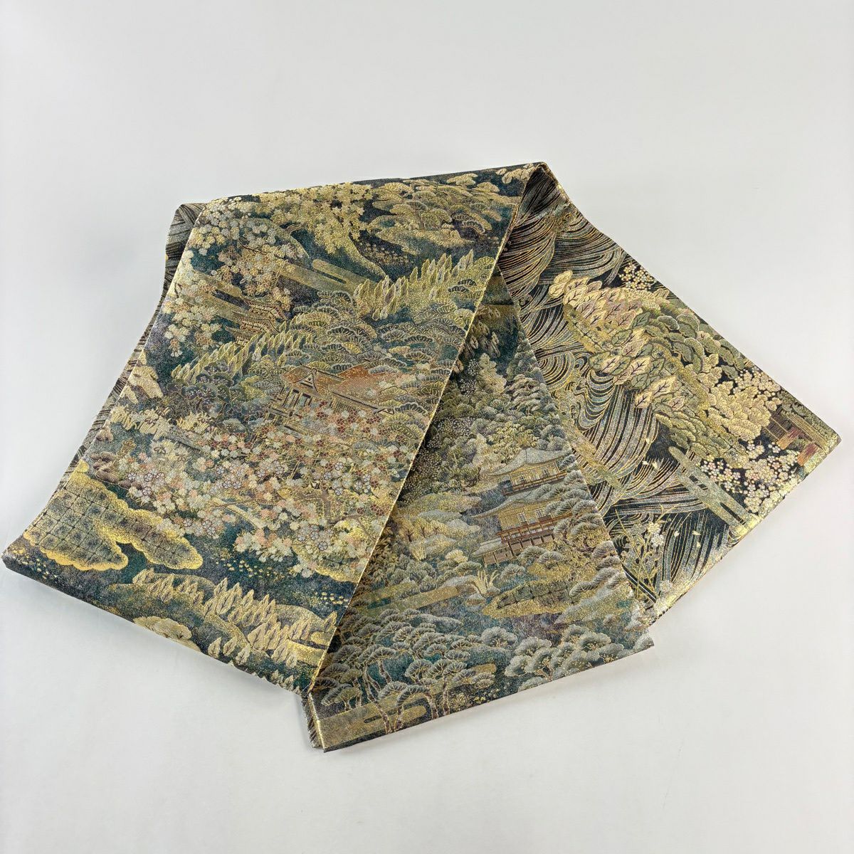 【美品】 袋帶 名品級 建築 櫻花樹 金金箔 金絲 深綠 全通 純蠶絲