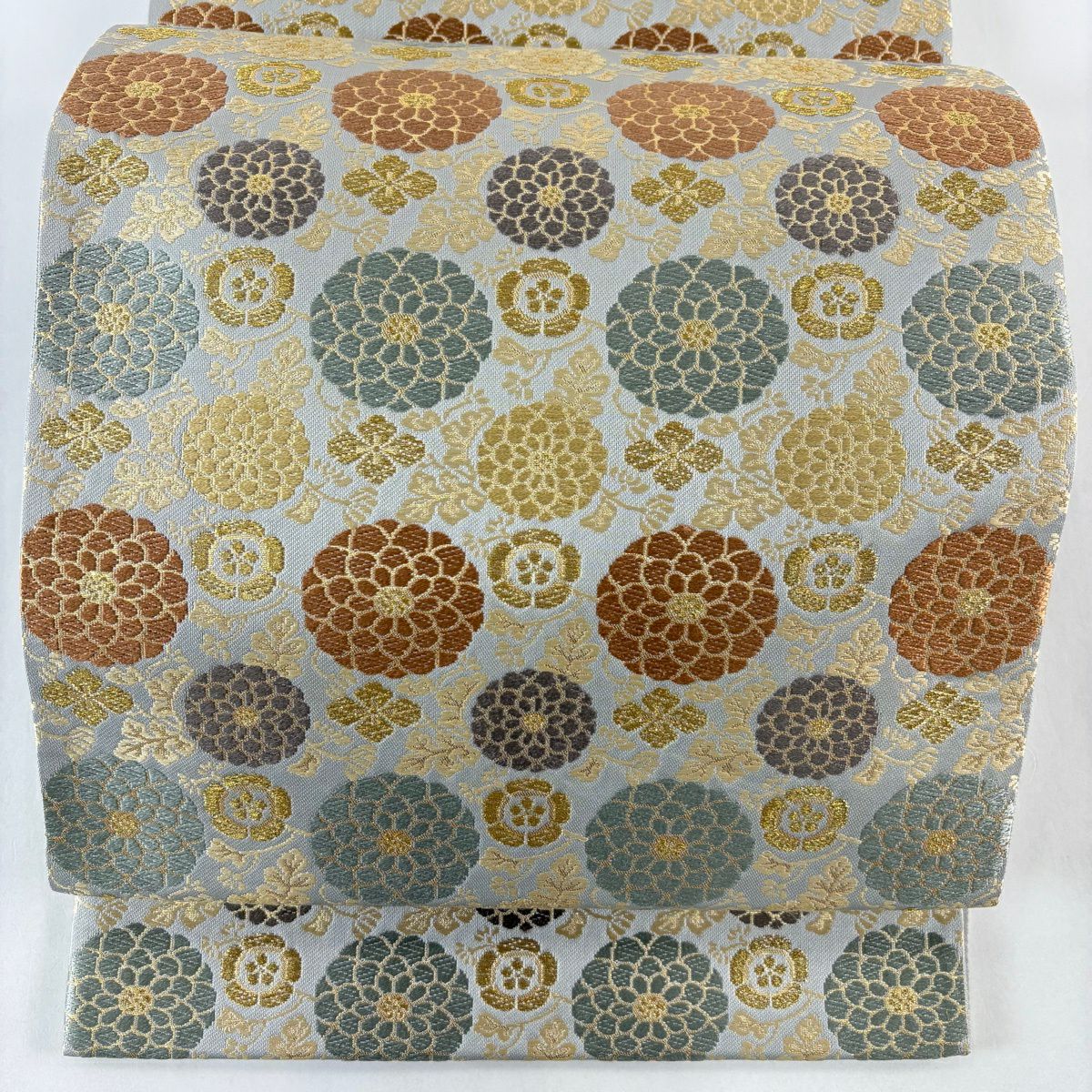 【美品】 袋帶 名品級 瑞寶菊花小紋 唐織 金金箔 青灰 深藍色 六通 純蠶絲