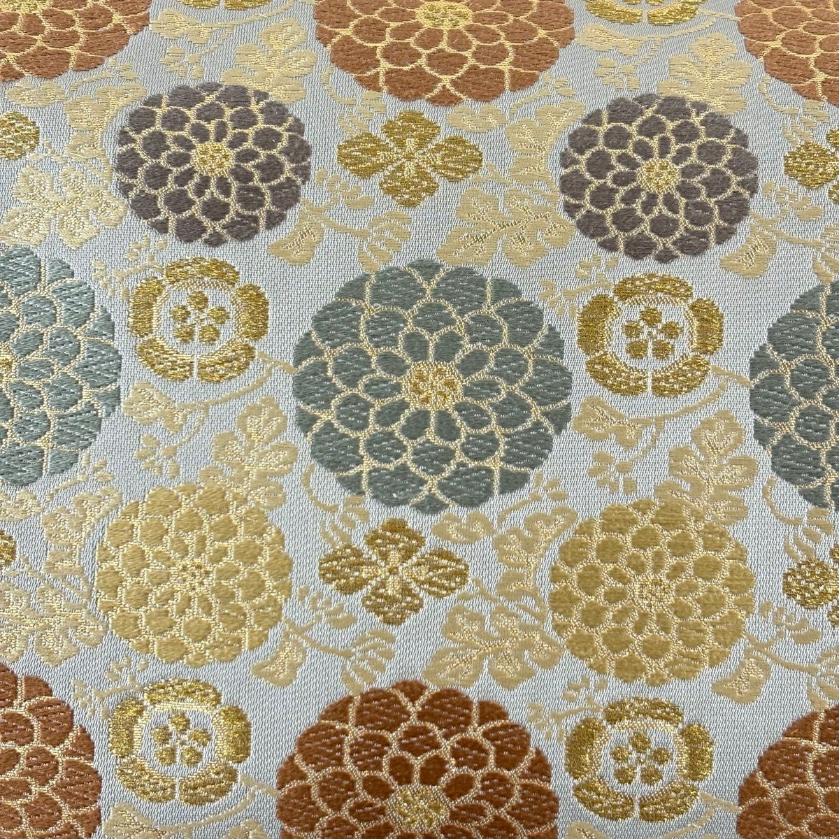 【美品】 袋帶 名品級 瑞寶菊花小紋 唐織 金金箔 青灰 深藍色 六通 純蠶絲