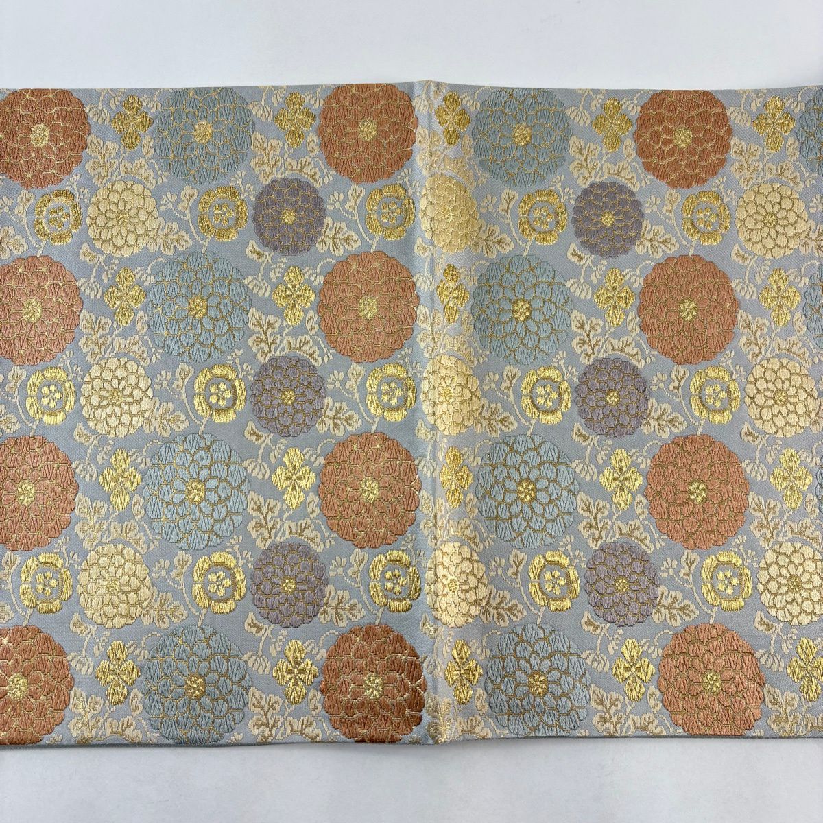 【美品】 袋帶 名品級 瑞寶菊花小紋 唐織 金金箔 青灰 深藍色 六通 純蠶絲