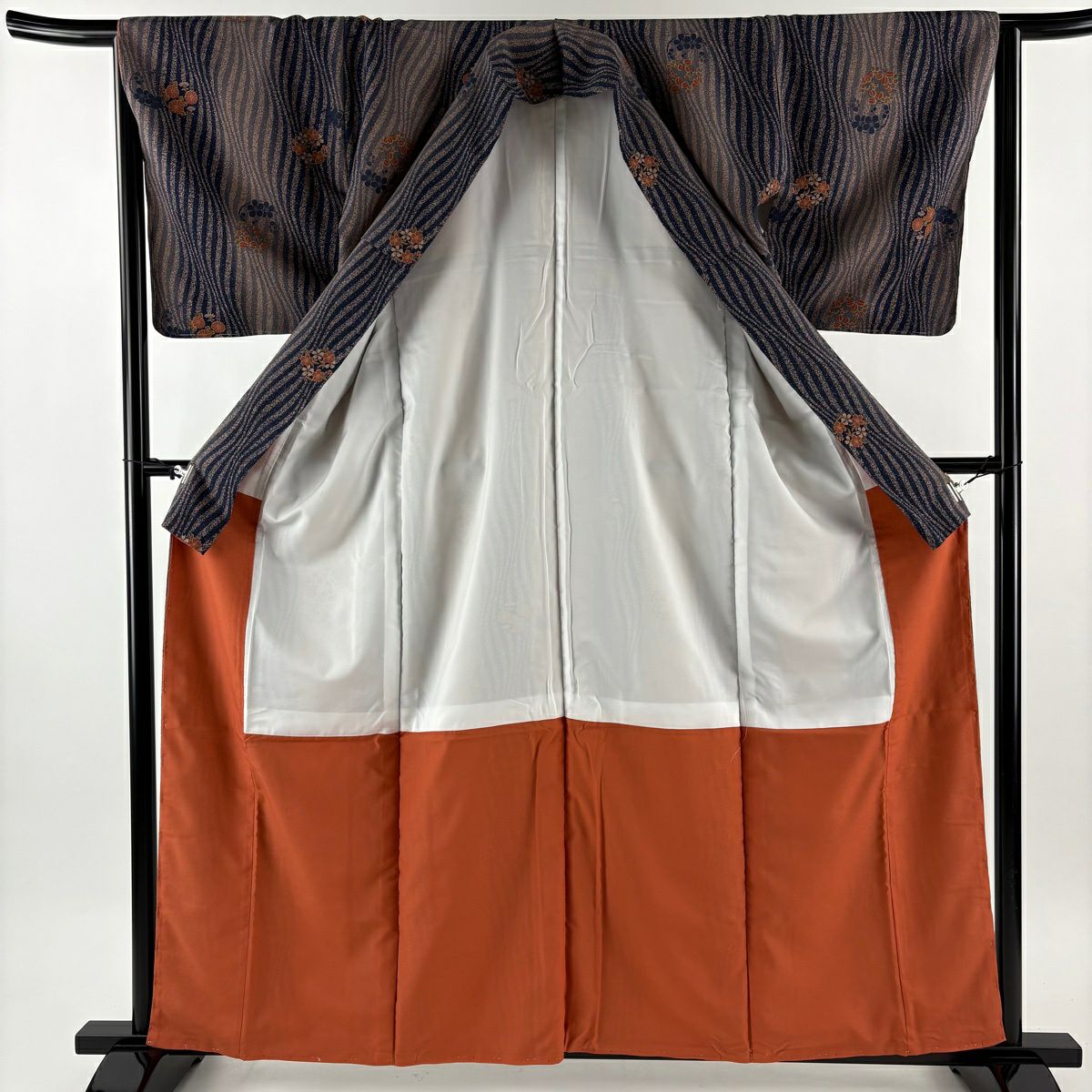 【美品】 小紋 身長161cm 袖長65.5cm M 雙層 可洗和服 花丸紋 亂條 深藍 化纖 優品級