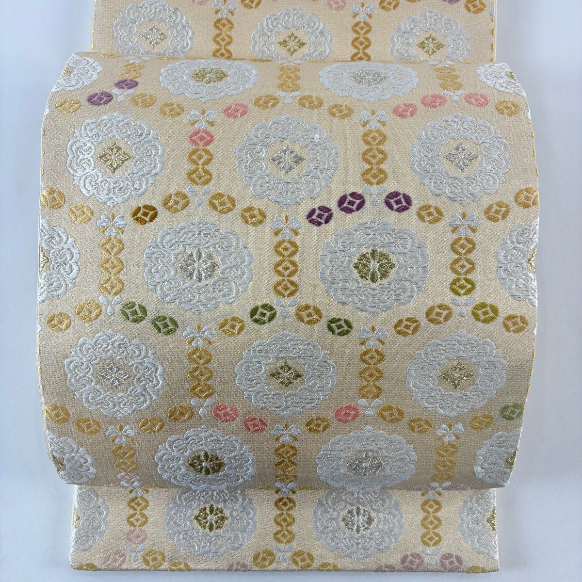 【美品】 袋帶 名品級 華紋 金銀彩 金金箔 米色 六通 純蠶絲
