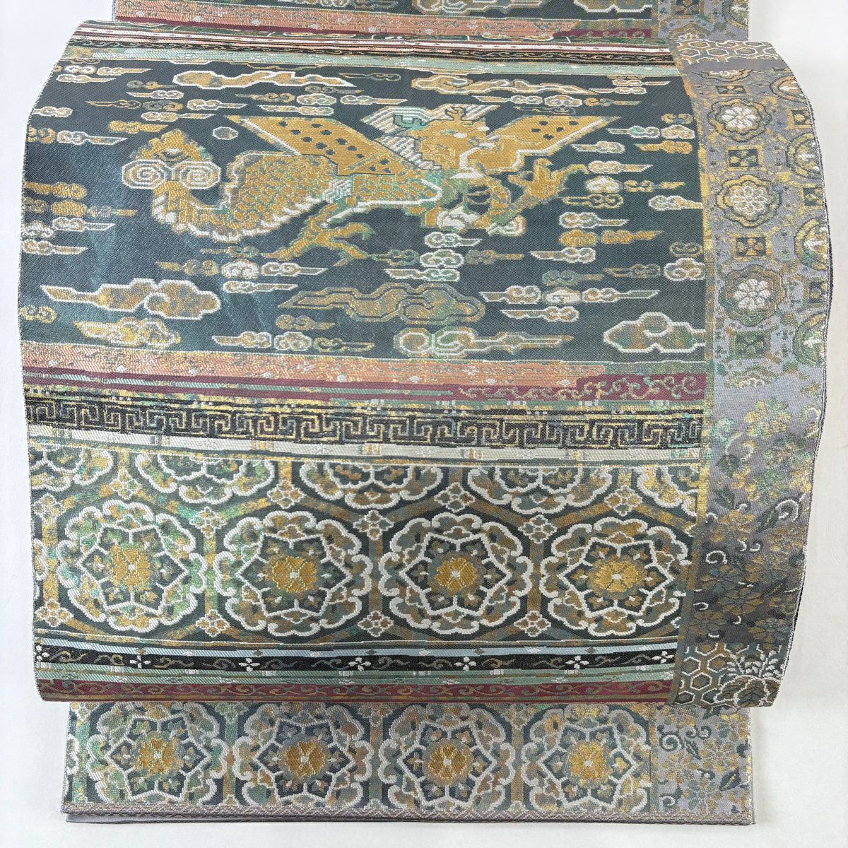 【美品】 袋帶 名品級 服部織物 落款あり 琥珀錦 龍 華紋 金金箔 灰綠 六通 純蠶絲