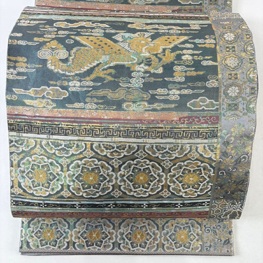 【美品】 袋帶 名品級 服部織物 落款あり 琥珀錦 龍 華紋 金金箔 灰綠 六通 純蠶絲