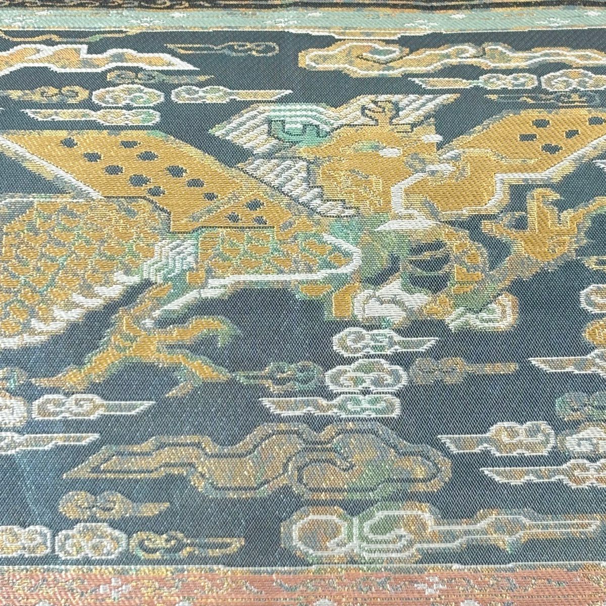 【美品】 袋帶 名品級 服部織物 落款あり 琥珀錦 龍 華紋 金金箔 灰綠 六通 純蠶絲