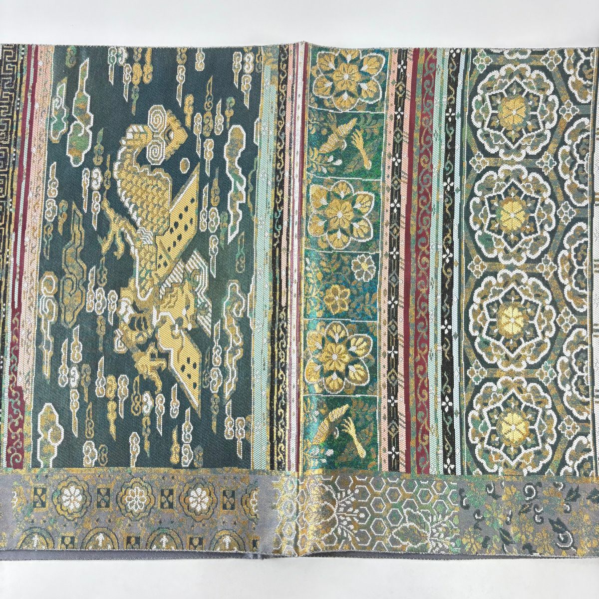 【美品】 袋帶 名品級 服部織物 落款あり 琥珀錦 龍 華紋 金金箔 灰綠 六通 純蠶絲