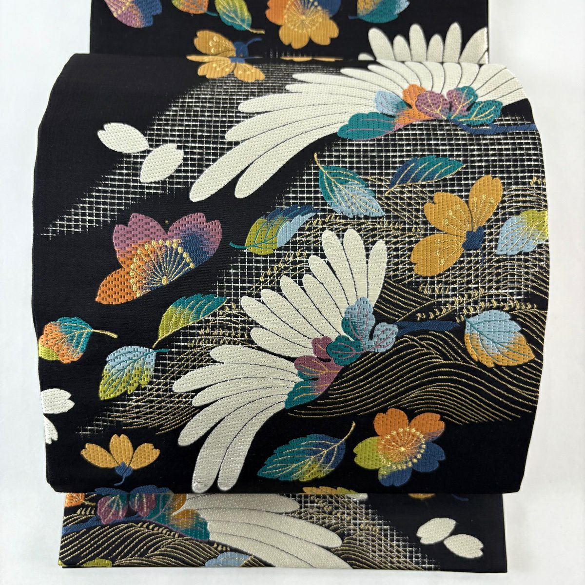 【美品】 袋帶 名品級 菊花 花 櫻花 花 金絲 金金箔 黑 六通 純蠶絲