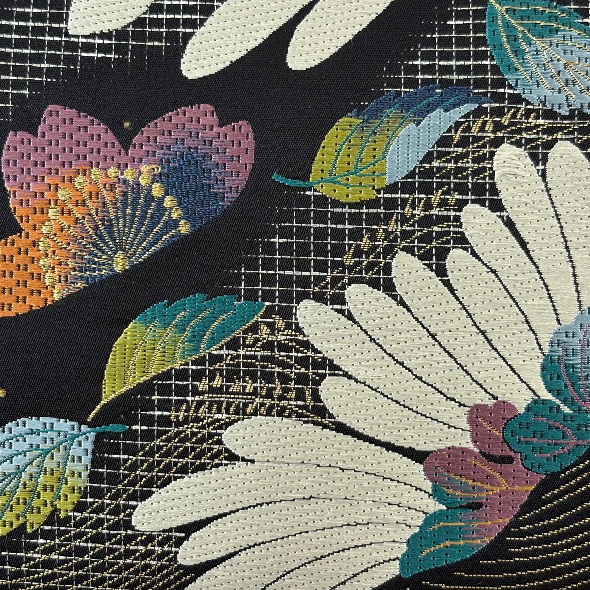 【美品】 袋帶 名品級 菊花 花 櫻花 花 金絲 金金箔 黑 六通 純蠶絲