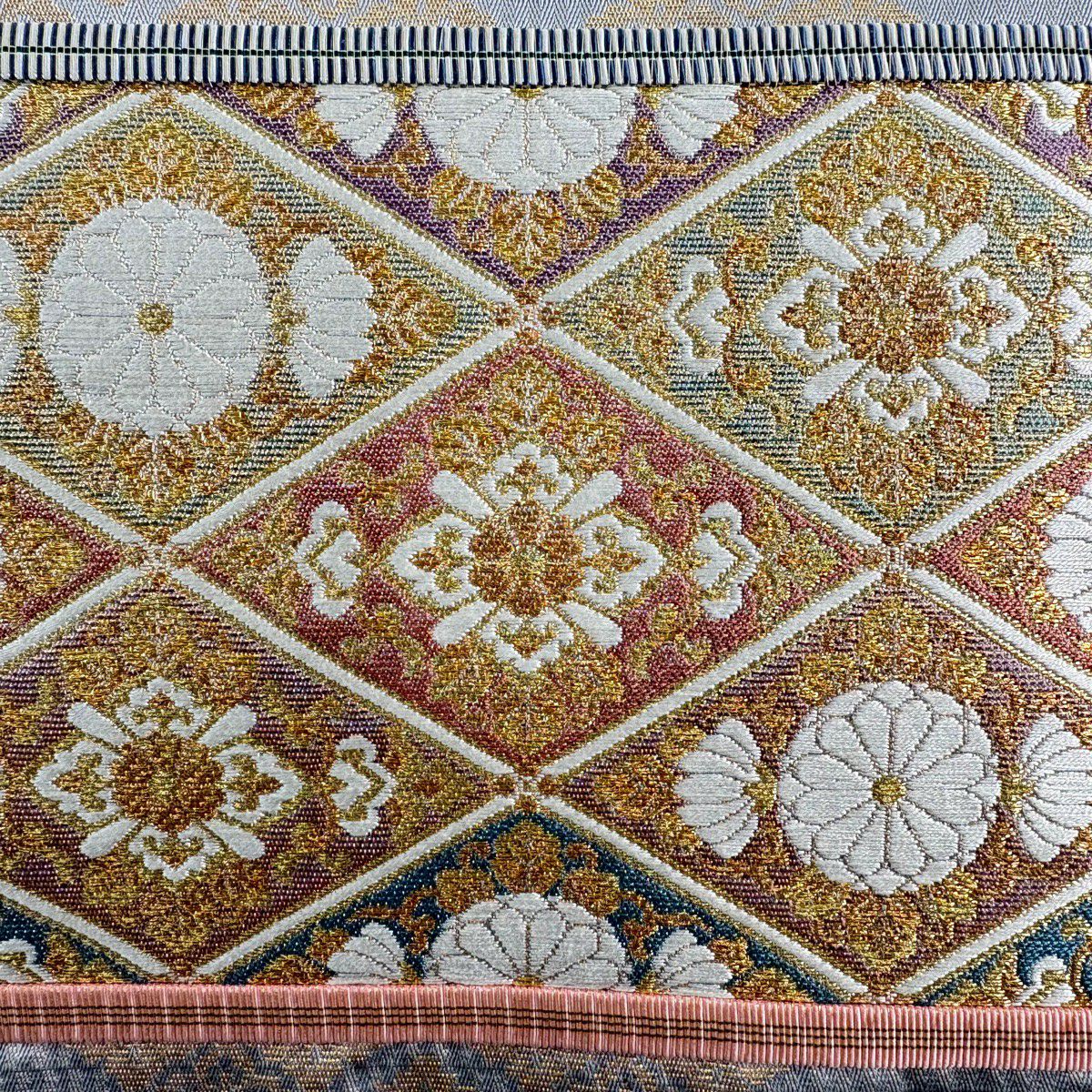 【美品】 袋帶 名品級 菱絢錦 菱 草花紋 金糸 金金箔 青灰 深藍色 六通 純蠶絲