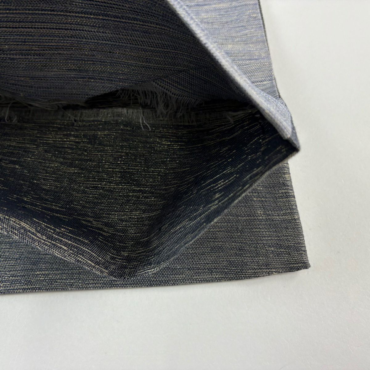 【美品】 袋帶 名品級 縞 幾何學 金絲 青灰 深藍色 お太鼓圖案 純蠶絲