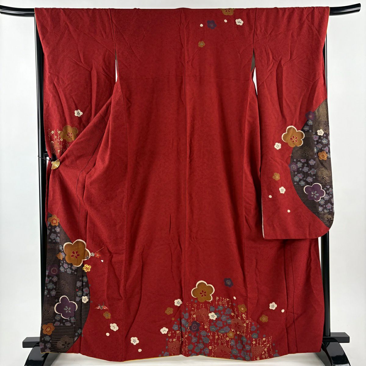 振袖禮服 身長165cm 袖長66cm M 雙層 梅花 折仙鶴 金絲 刺繡 紅茶 純蠶絲 秀品級