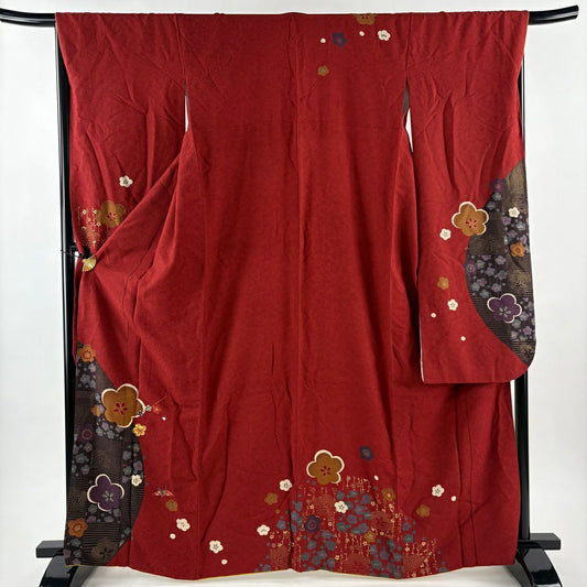 振袖禮服 身長165cm 袖長66cm M 雙層 梅花 折仙鶴 金絲 刺繡 紅茶 純蠶絲 秀品級