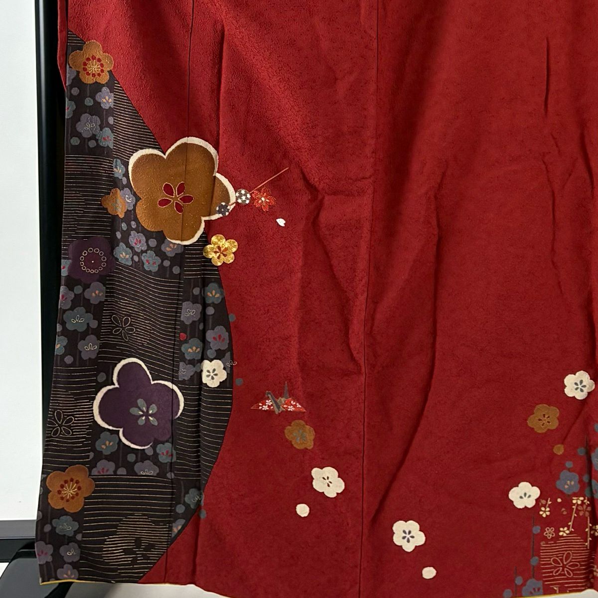 振袖禮服 身長165cm 袖長66cm M 雙層 梅花 折仙鶴 金絲 刺繡 紅茶 純蠶絲 秀品級