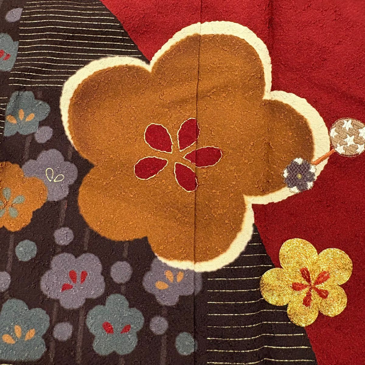 振袖禮服 身長165cm 袖長66cm M 雙層 梅花 折仙鶴 金絲 刺繡 紅茶 純蠶絲 秀品級