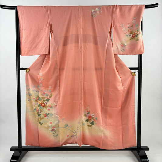 訪問服 身長158cm 袖長67cm M 雙層 草花紋紋 流水 金銀彩 漸層 粉紅 純蠶絲 優品級