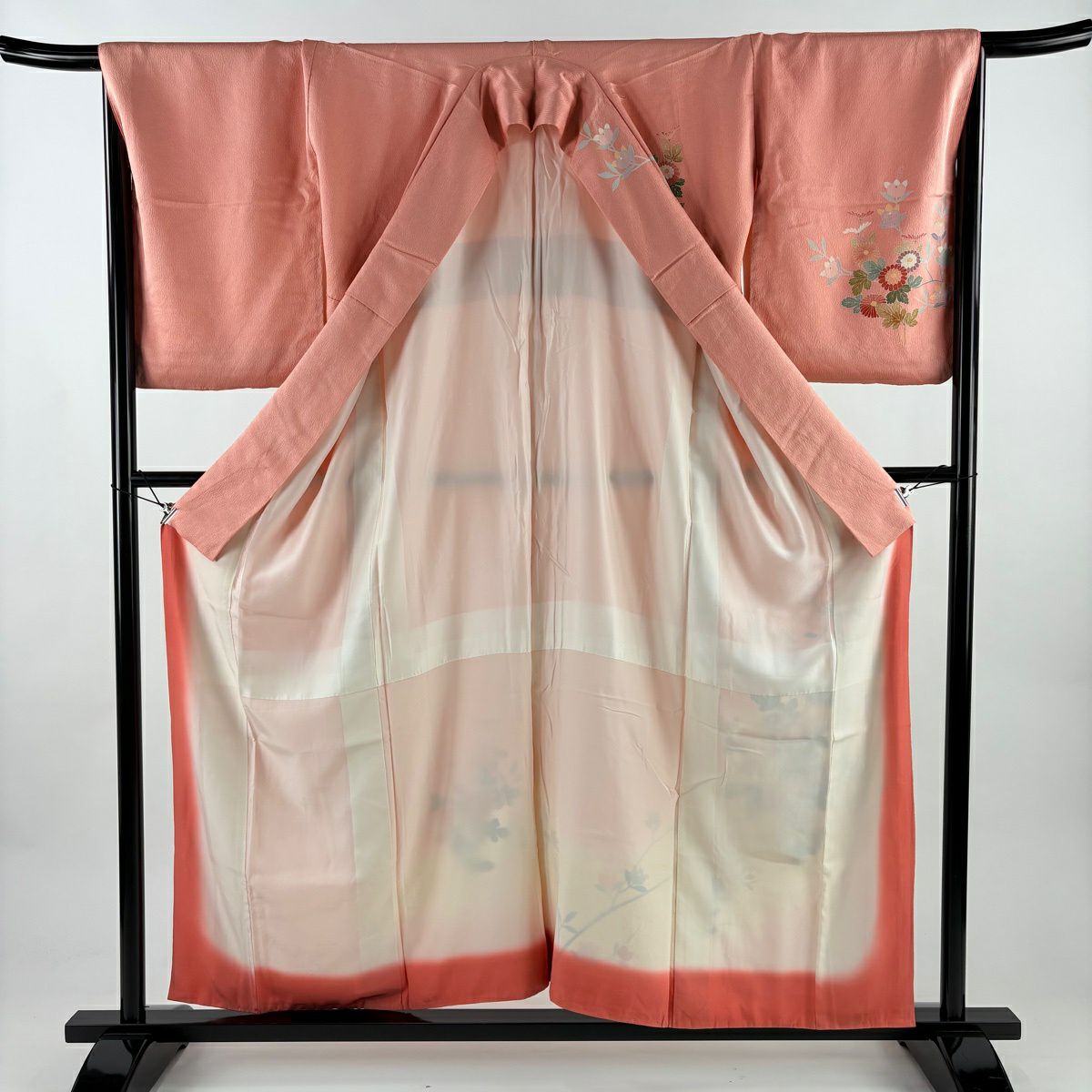 訪問服 身長158cm 袖長67cm M 雙層 草花紋紋 流水 金銀彩 漸層 粉紅 純蠶絲 優品級