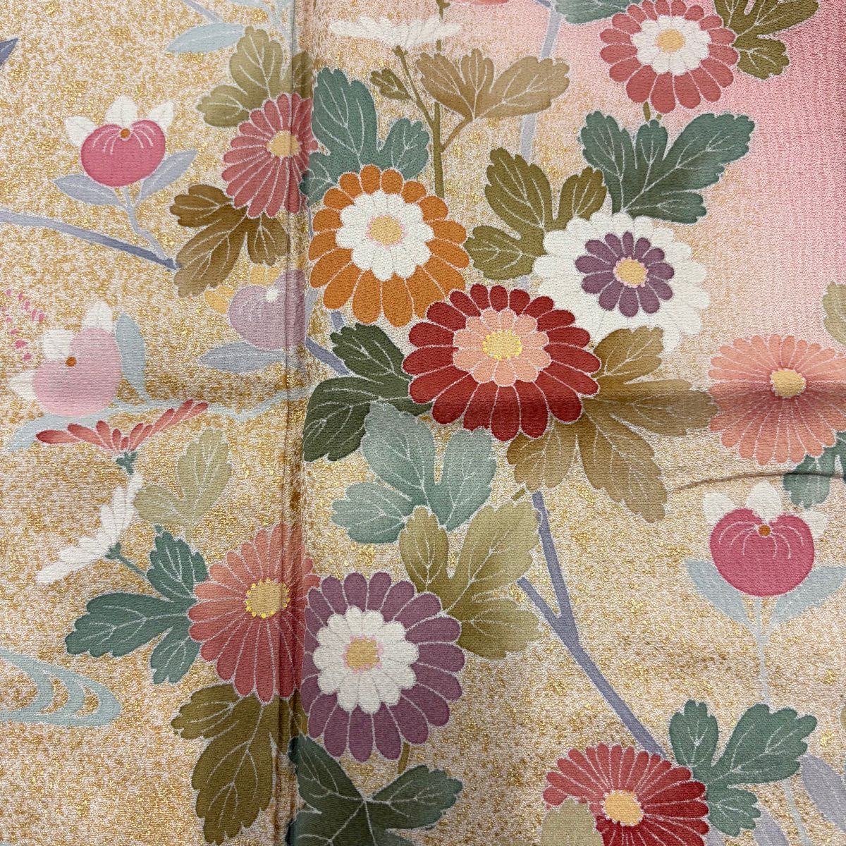 訪問服 身長158cm 袖長67cm M 雙層 草花紋紋 流水 金銀彩 漸層 粉紅 純蠶絲 優品級