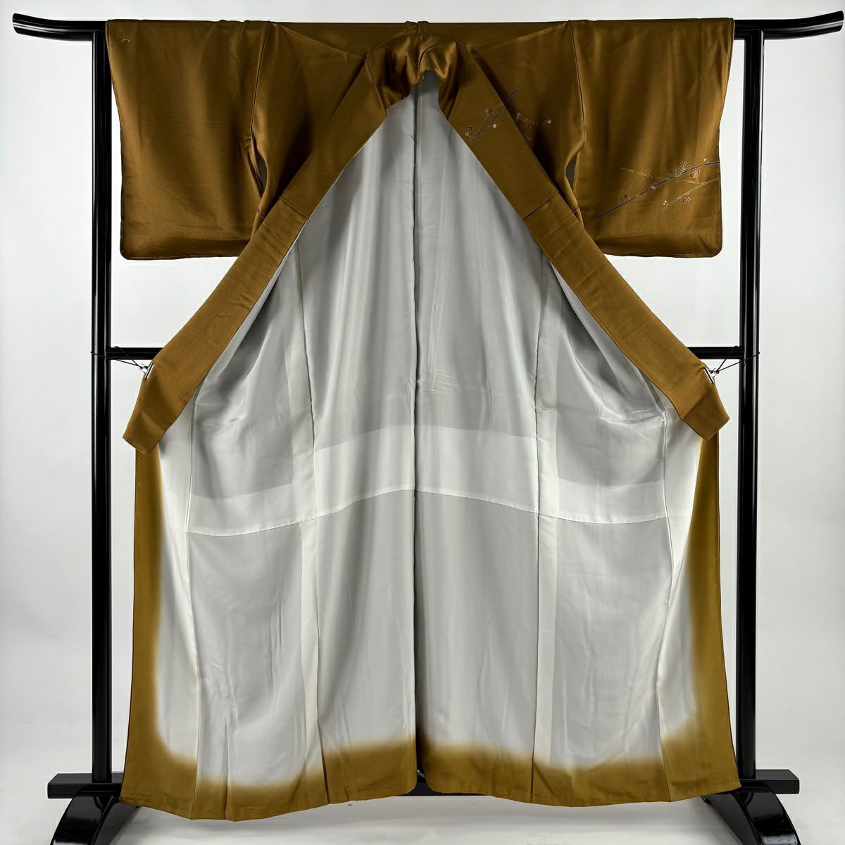 付下 身長161cm 袖長63cm S 雙層 松樹 實 金銀彩 茶 純蠶絲 秀品級