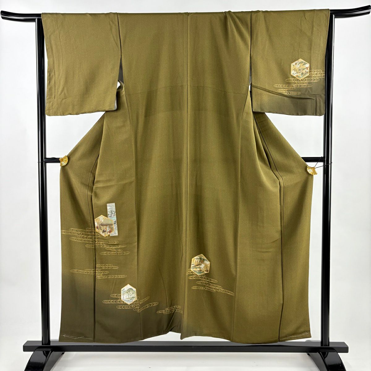 付下 身長155cm 袖長66cm M 雙層 風景 観世水 金銀彩 染分 茶綠 純蠶絲 優品級
