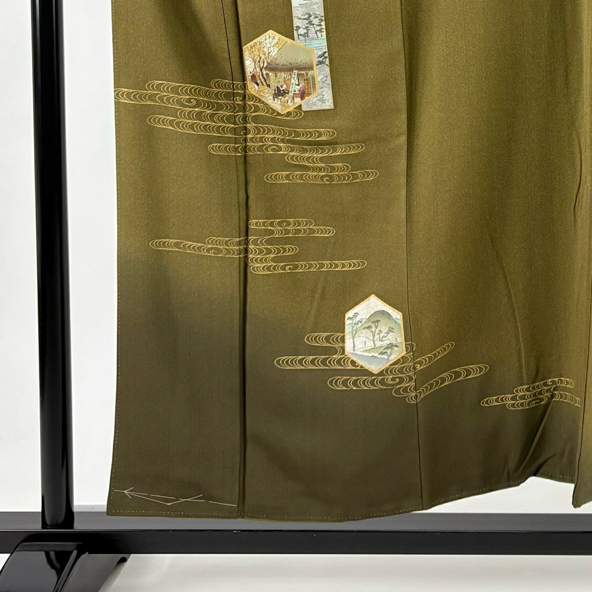 付下 身長155cm 袖長66cm M 雙層 風景 観世水 金銀彩 染分 茶綠 純蠶絲 優品級