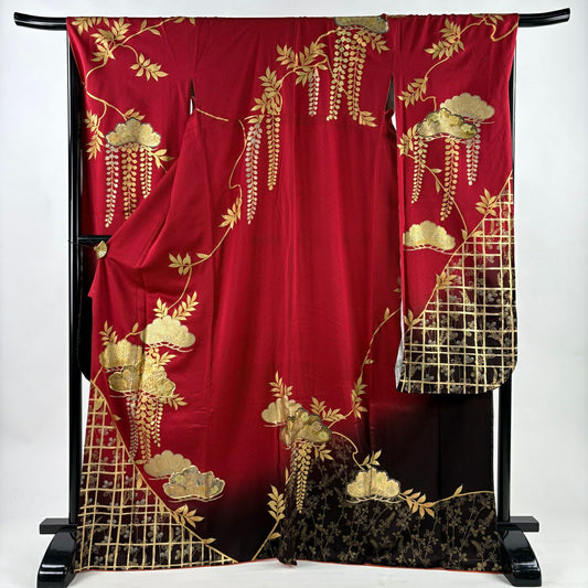 振袖禮服 身長169.5cm 袖長68cm L 雙層 笠松樹 萩 金絲 金銀彩 紅 純蠶絲 秀品級