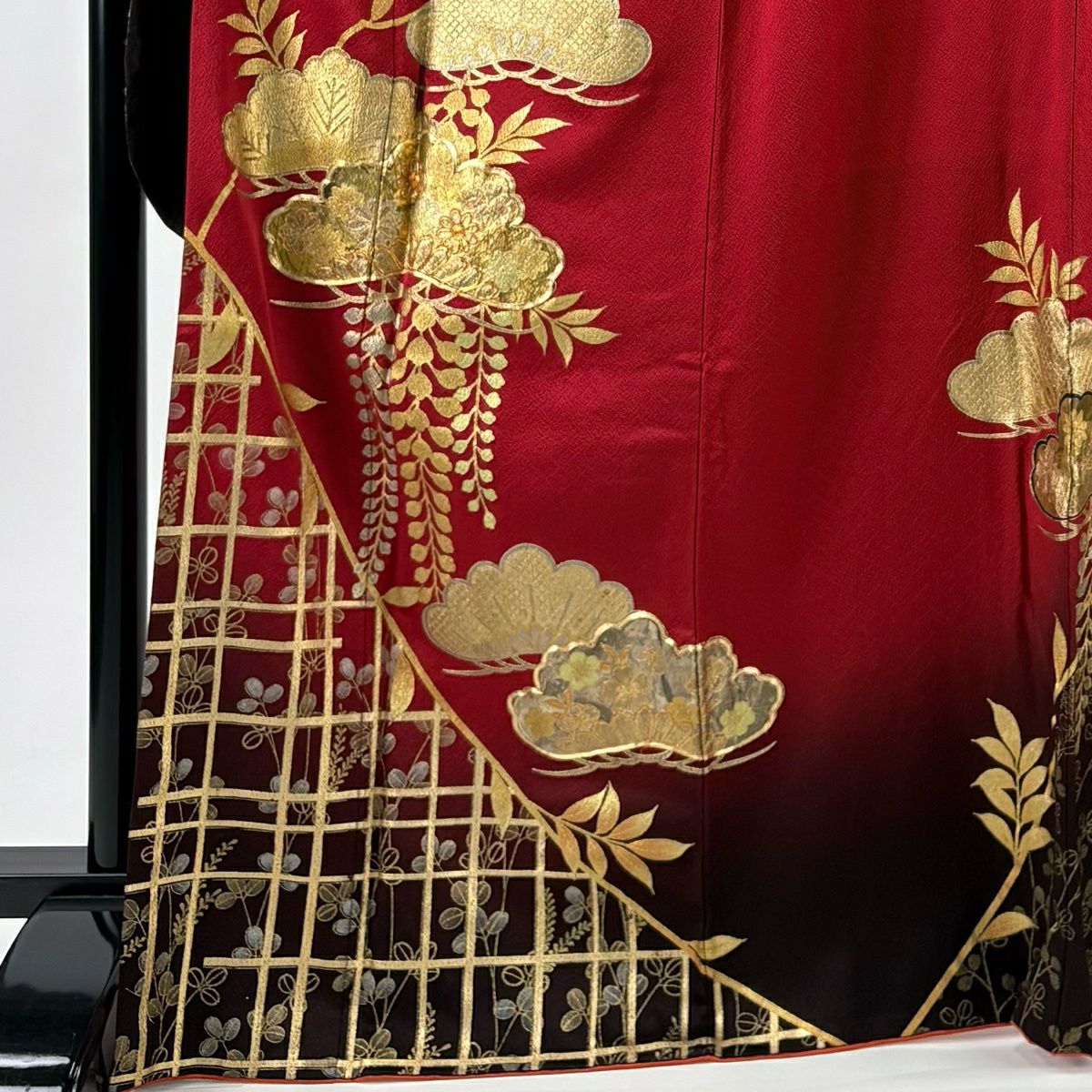 振袖禮服 身長169.5cm 袖長68cm L 雙層 笠松樹 萩 金絲 金銀彩 紅 純蠶絲 秀品級