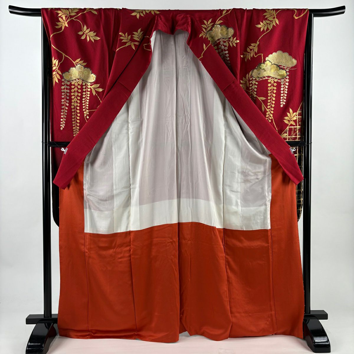 振袖禮服 身長169.5cm 袖長68cm L 雙層 笠松樹 萩 金絲 金銀彩 紅 純蠶絲 秀品級