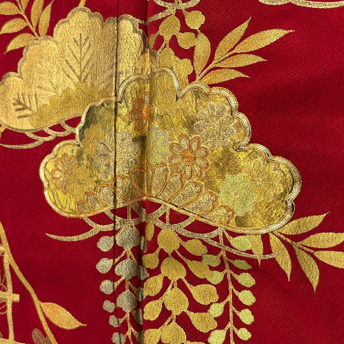 振袖禮服 身長169.5cm 袖長68cm L 雙層 笠松樹 萩 金絲 金銀彩 紅 純蠶絲 秀品級