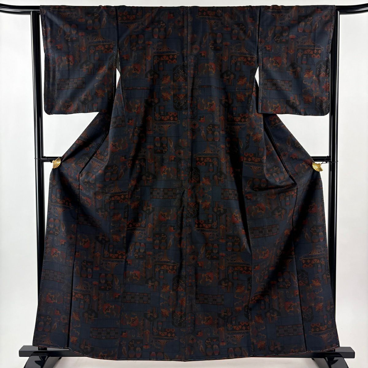 【美品】 紬織織 身長161.5cm 袖長64cm M 雙層 草花紋紋 人物 深藍 純蠶絲 秀品級