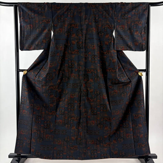 【美品】 紬織織 身長161.5cm 袖長64cm M 雙層 草花紋紋 人物 深藍 純蠶絲 秀品級