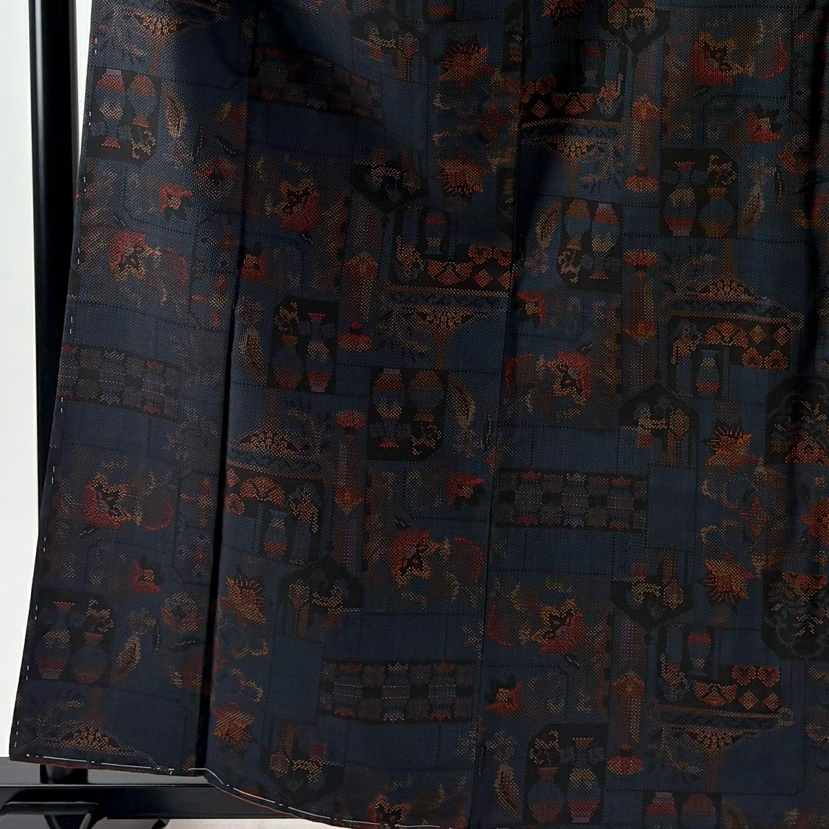 【美品】 紬織織 身長161.5cm 袖長64cm M 雙層 草花紋紋 人物 深藍 純蠶絲 秀品級