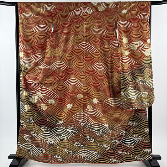 振袖禮服 身長163.5cm 袖長65cm M 雙層 櫻花 波紋 金銀彩 金絲 紅茶 純蠶絲 秀品級