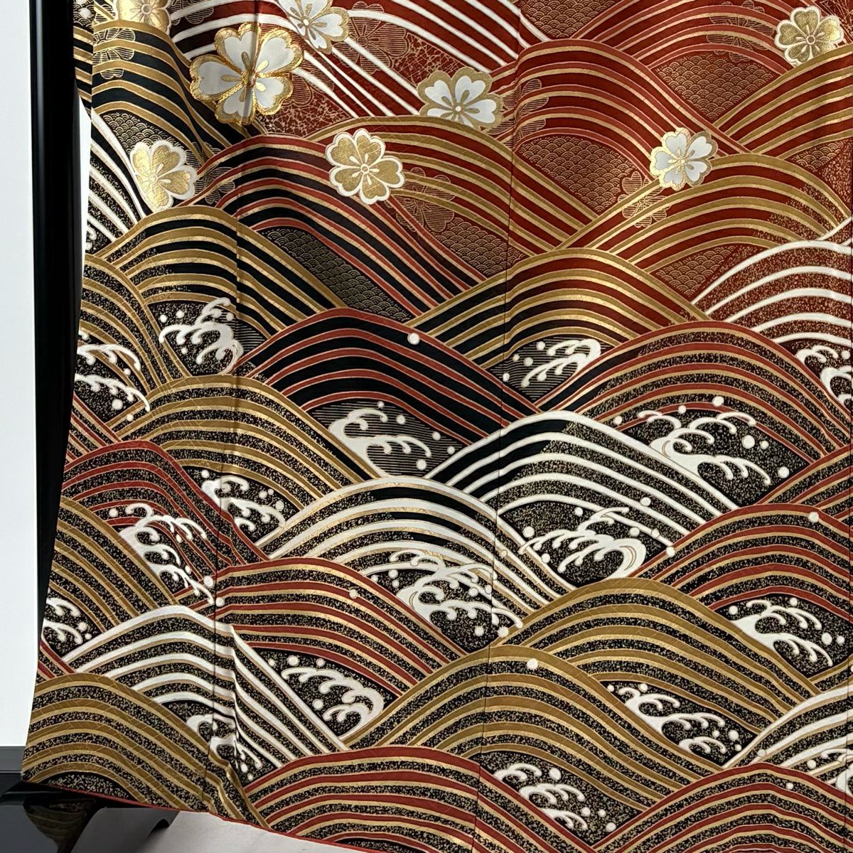 振袖禮服 身長163.5cm 袖長65cm M 雙層 櫻花 波紋 金銀彩 金絲 紅茶 純蠶絲 秀品級