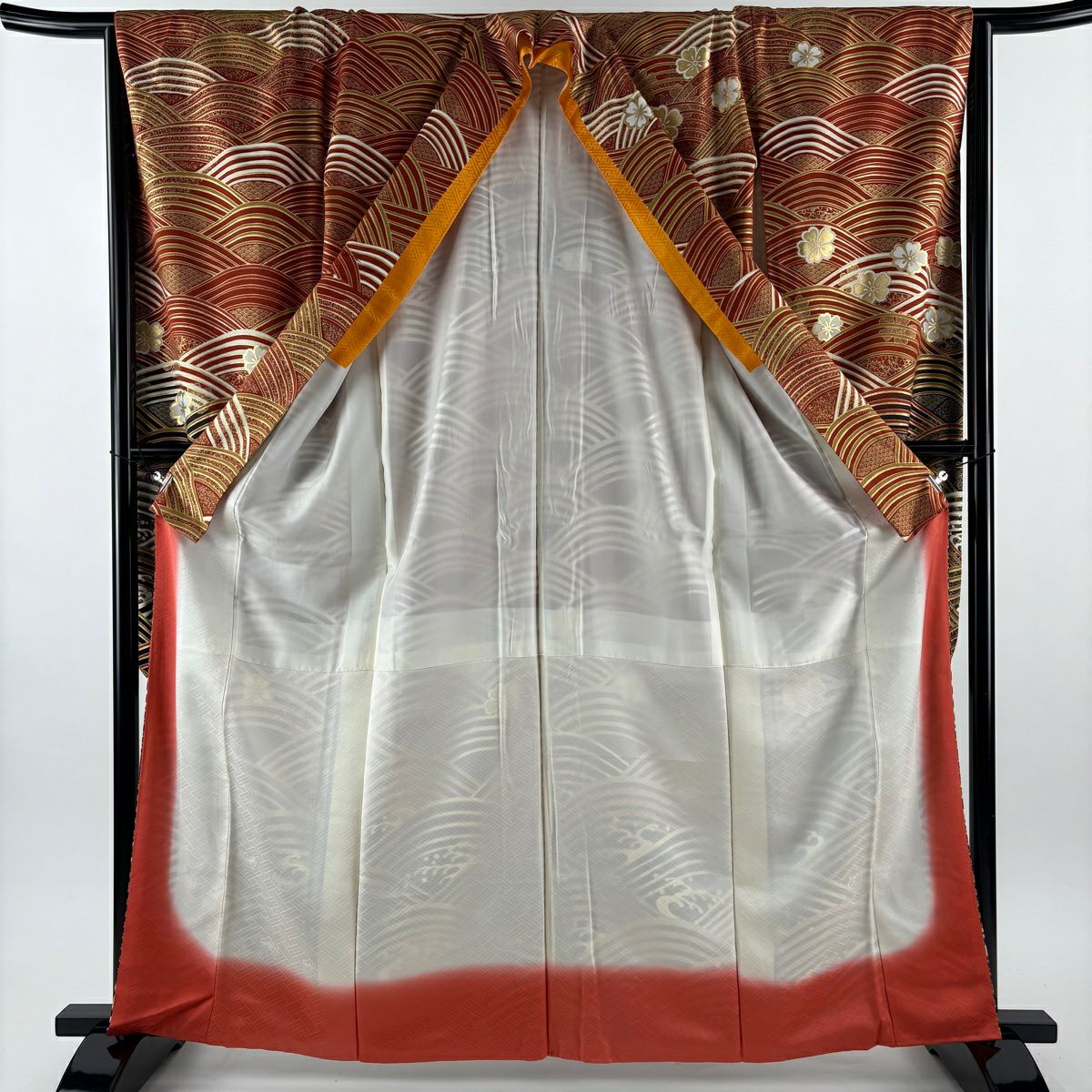振袖禮服 身長163.5cm 袖長65cm M 雙層 櫻花 波紋 金銀彩 金絲 紅茶 純蠶絲 秀品級