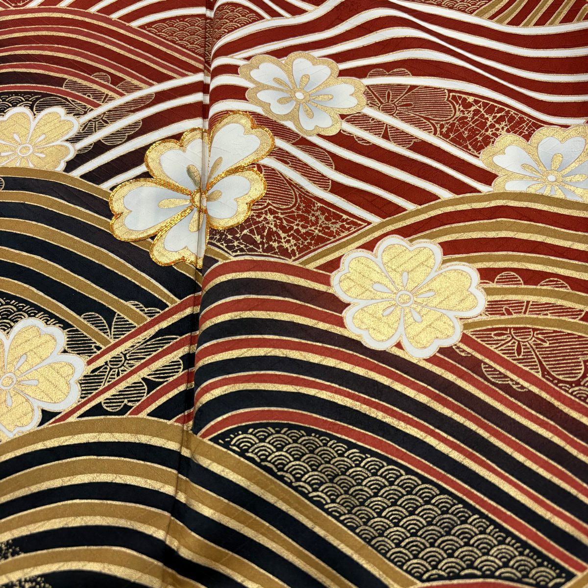 振袖禮服 身長163.5cm 袖長65cm M 雙層 櫻花 波紋 金銀彩 金絲 紅茶 純蠶絲 秀品級