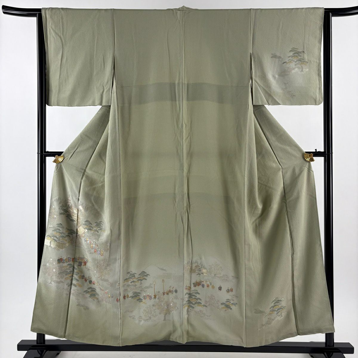 付下 身長156cm 袖長64cm M 雙層 建築 人物 刺繡 金線 灰綠 純蠶絲 優品級