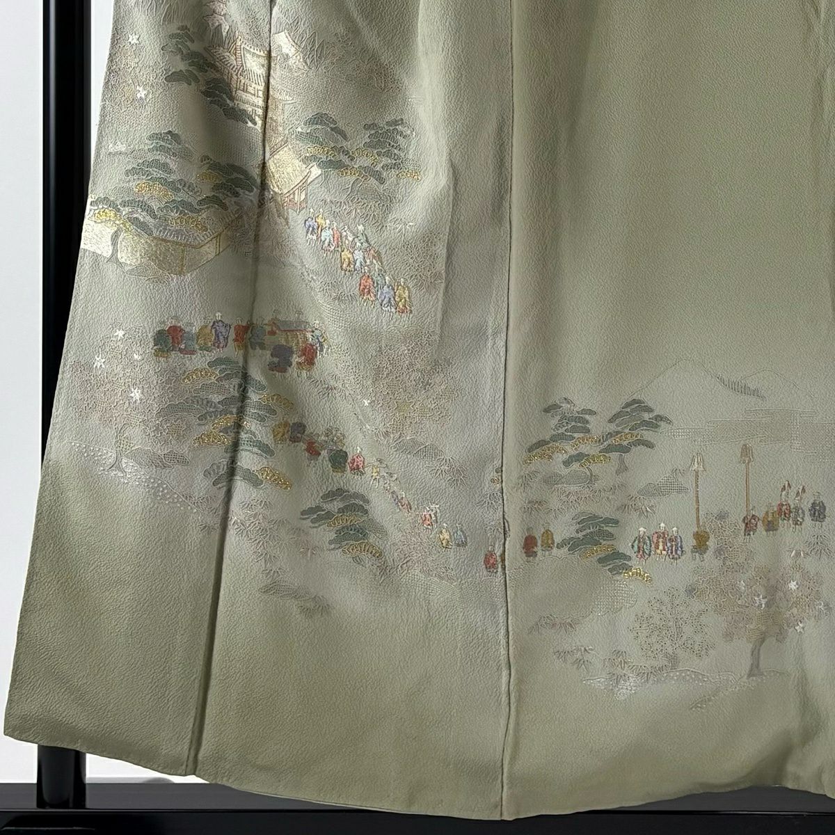 付下 身長156cm 袖長64cm M 雙層 建築 人物 刺繡 金線 灰綠 純蠶絲 優品級