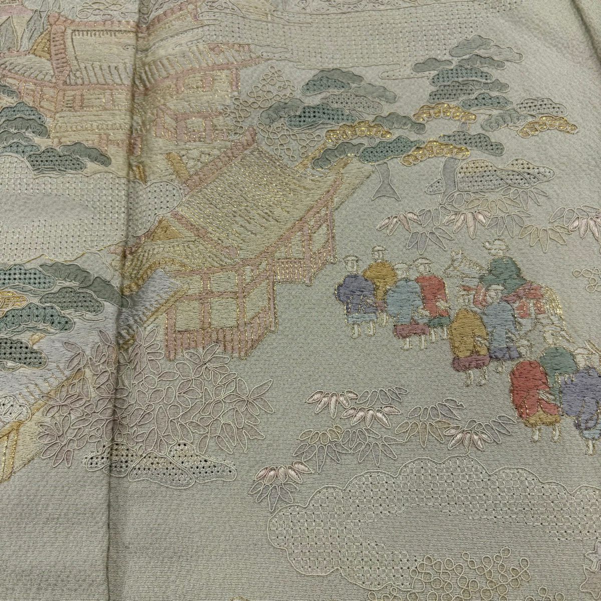 付下 身長156cm 袖長64cm M 雙層 建築 人物 刺繡 金線 灰綠 純蠶絲 優品級