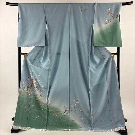 訪問服 身長177cm 袖長69.5cm 未仕立 雜色圖案 落款有 枝花 漸層 染分 水藍 純蠶絲 優品級