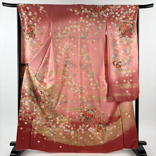 振袖禮服 身長168cm 袖長65cm M 雙層 花車 波 金銀彩 漸層 粉色 純蠶絲 優品級