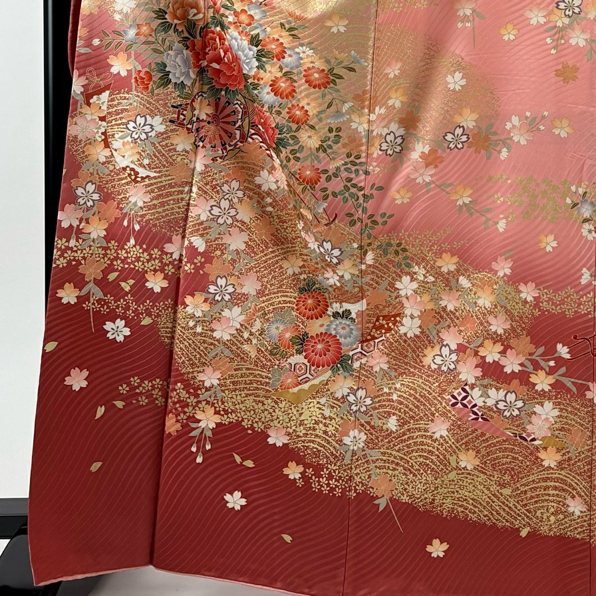 振袖禮服 身長168cm 袖長65cm M 雙層 花車 波 金銀彩 漸層 粉色 純蠶絲 優品級